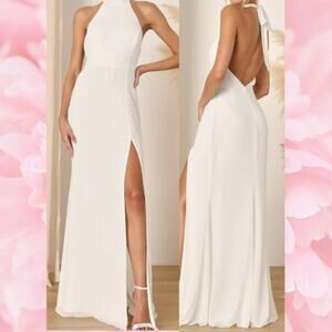 LULU'S  M Captured Your Heart White Halter Wedding Bridal Formal Maxi Dress B23